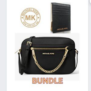 MICHAEL KORS Jet Set Crossbody Bag Black Gold Chain & Matching Wallet Card Case